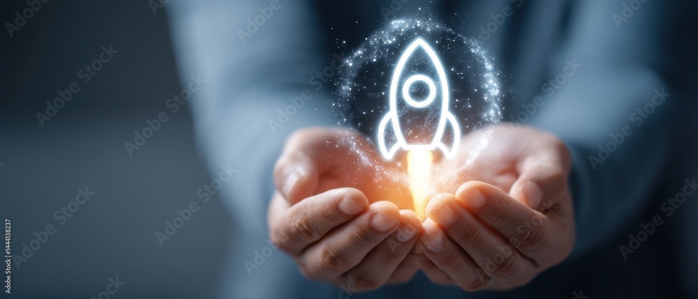 Hands holding a glowing rocket icon, symbolizing innovation and potential.
