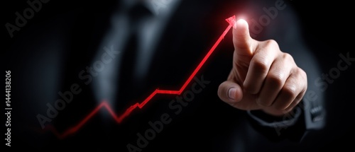 Obraz na płótnie A business professional points to a rising graph, symbolizing growth and success in a dark setting. w salonie
