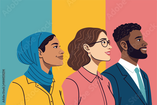 Create a vibrant vector illustration depicting diverse people of different ages, ethnicities, and abilities being hired, symbolizing inclusive workplace practices.