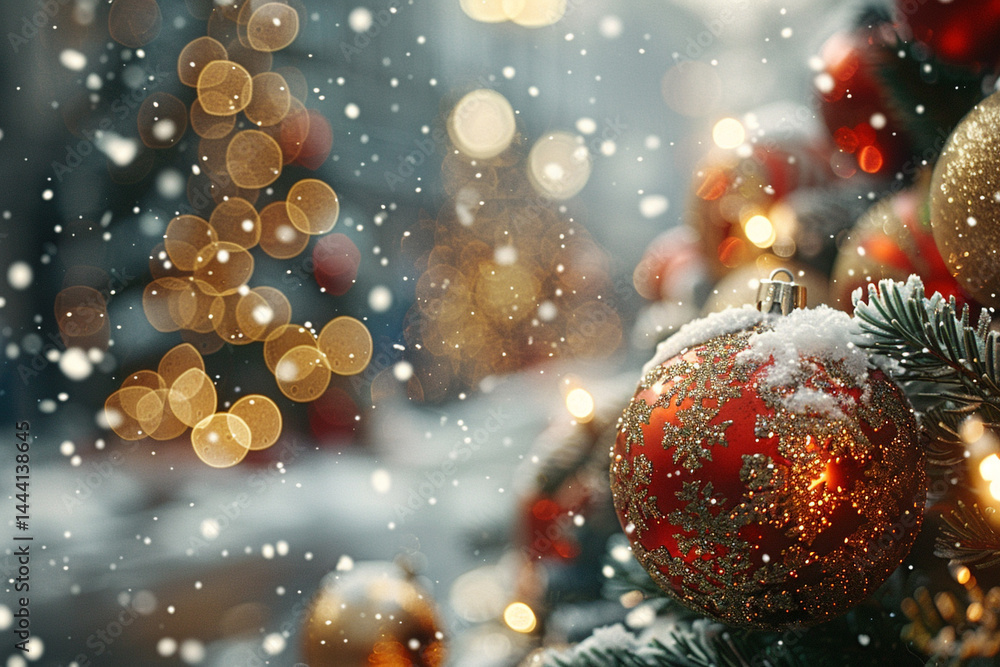 Fototapeta premium Experience the magical transformation of holiday festivities as the gentle touch of snow creates an enchanting and everlasting essence, making this Christmas a truly majestic and wondrous affair