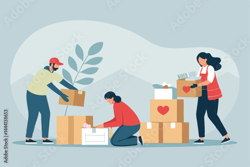 Volunteers diligently sort and pack donation boxes for a charity drive, preparing them for shipment to those in need.