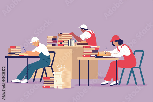Volunteers meticulously restore antique books, mending pages and bindings within a quiet library setting.  A heartwarming scene of community preservation.