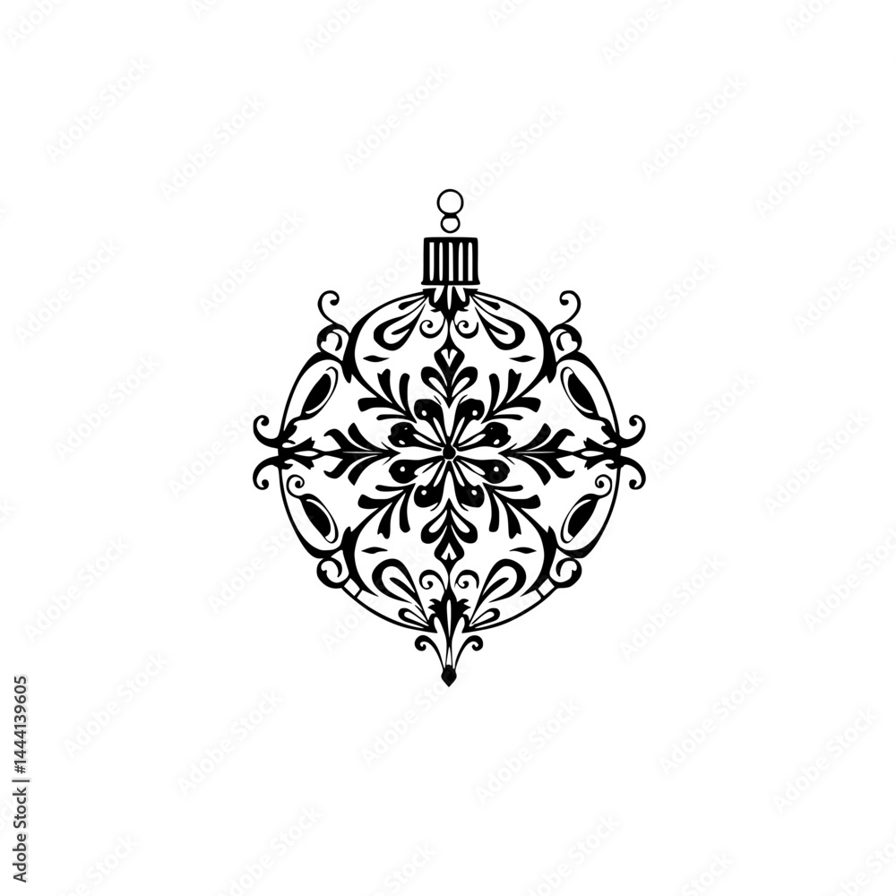 Fototapeta premium Ornate Black Christmas Ornament Vector, Vintage Style, Isolated