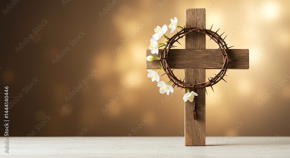 Wooden Cross with Thorns and Flowers on a Table Wooden Cross with Thorns and Flowers on a Table
