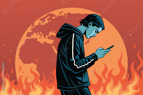A young adult, engrossed in their smartphone, oblivious to a fiery, apocalyptic scene raging behind them.  Illustrate societal detachment from global crises.