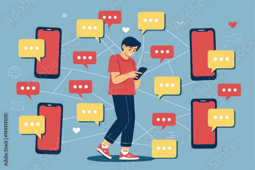 A young man, overwhelmed, surrounded by levitating smartphones displaying notifications and social media icons; futuristic, anxious expression.