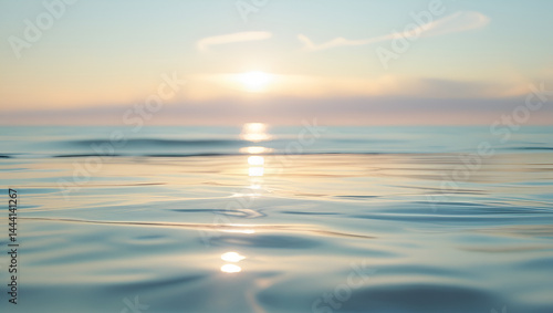 A tranquil early morning sea scene with soft golden sunlight reflecting on the still water. Gentle ripples  pastel skies  and a peaceful horizon create a soothing  meditative image.