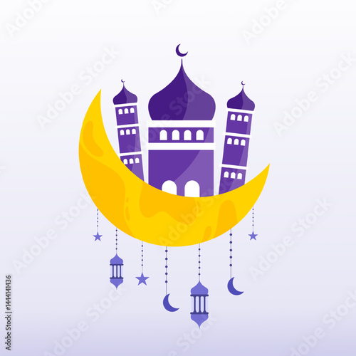 Mosque silhouette inside glowing crescent moon with hanging lanterns below