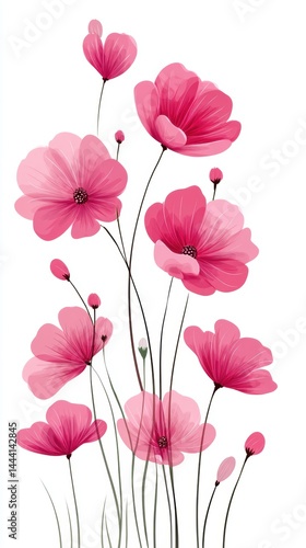 Elegant pink flowers with delicate petals and long stems are illustrated on a white background, creating a fresh and vibrant floral design.
