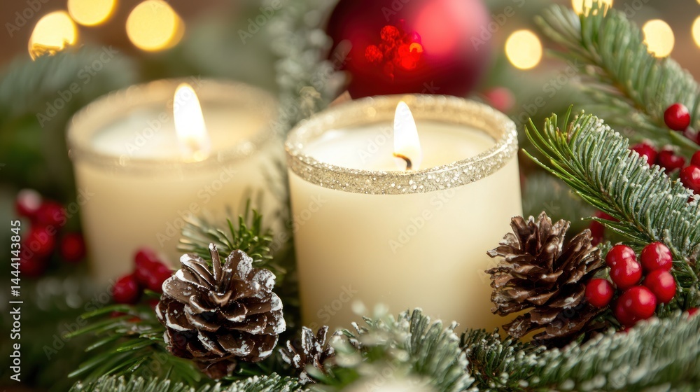 A close-up of a festive table with candles and holiday decorations. A close-up of a festive table with candles and holiday decorations.