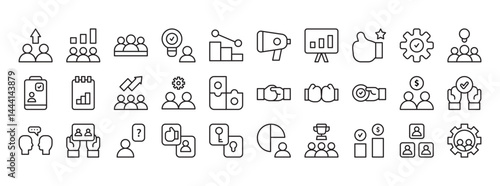 Diverse Team Collaborating on Business Strategies with Iconic Symbols Representing Goals and Innovations in a Modern Office Environment