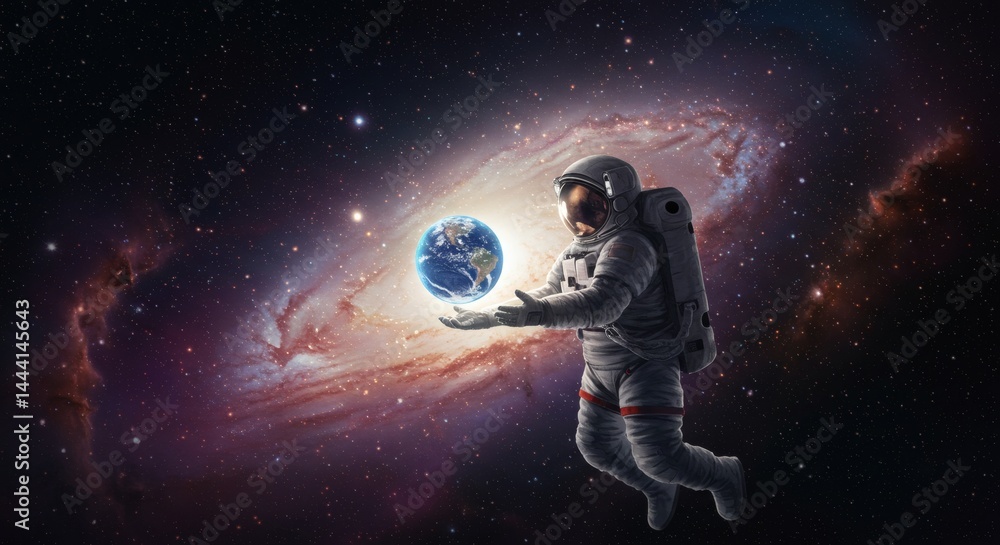 Fototapeta premium Astronaut Holding Earth in Space with Galaxy Background Exploring Universe