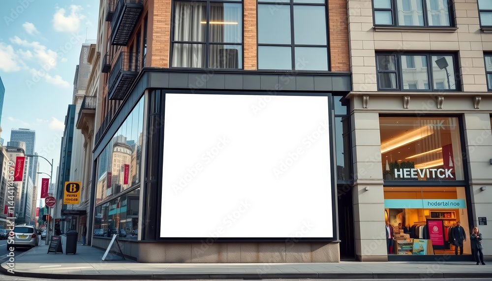 Blank billboard on urban storefront, showcasing city architecture concept, city, structure Blank billboard on urban storefront, showcasing city architecture concept, city, structure