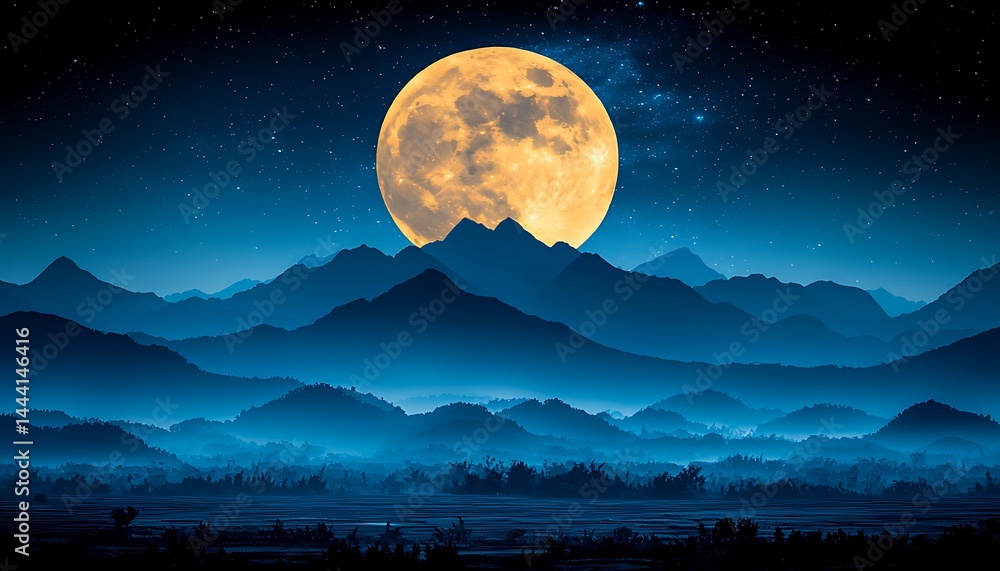 Fototapeta premium Huge moon over misty mountains
