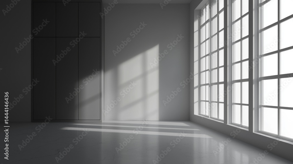 A minimalist interior with large windows casting shadows on a polished floor. A minimalist interior with large windows casting shadows on a polished floor.
