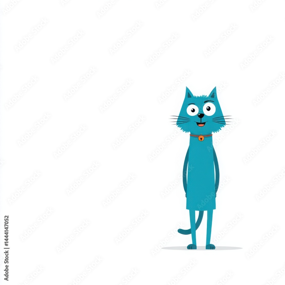 Cheerful turquoise cartoon cat character with friendly expression, standing on white background Cheerful turquoise cartoon cat character with friendly expression, standing on white background