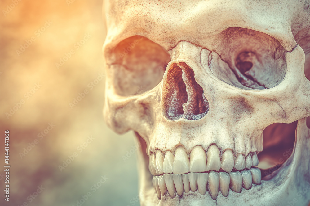 Naklejka premium Close up of a human skull anatomical model with detailed teeth bone