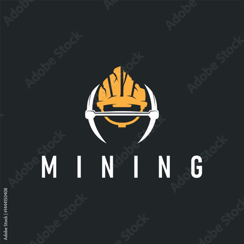 mining logo design simple minimalist concept gold mountain mining with worker hat, pickaxe tool, vintage retro template illustration symbol