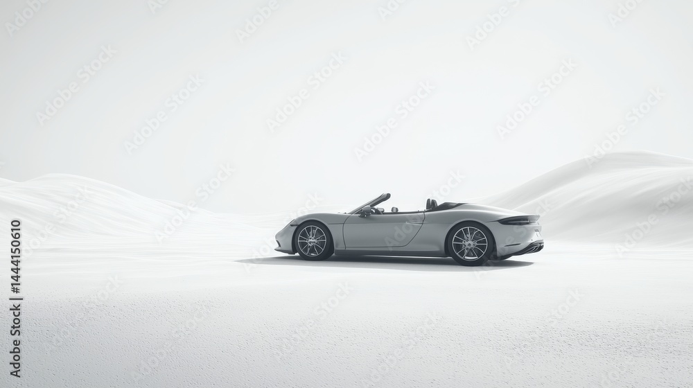 Fototapeta premium A sleek convertible car parked in a minimalist landscape of white sand.