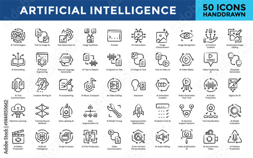 Artificial Intelligence icons set with ai technologies, text to image ai, text generation ai, image synthesis, prompt, art generation, image enhancement icon. Simple handdrawn vector 
