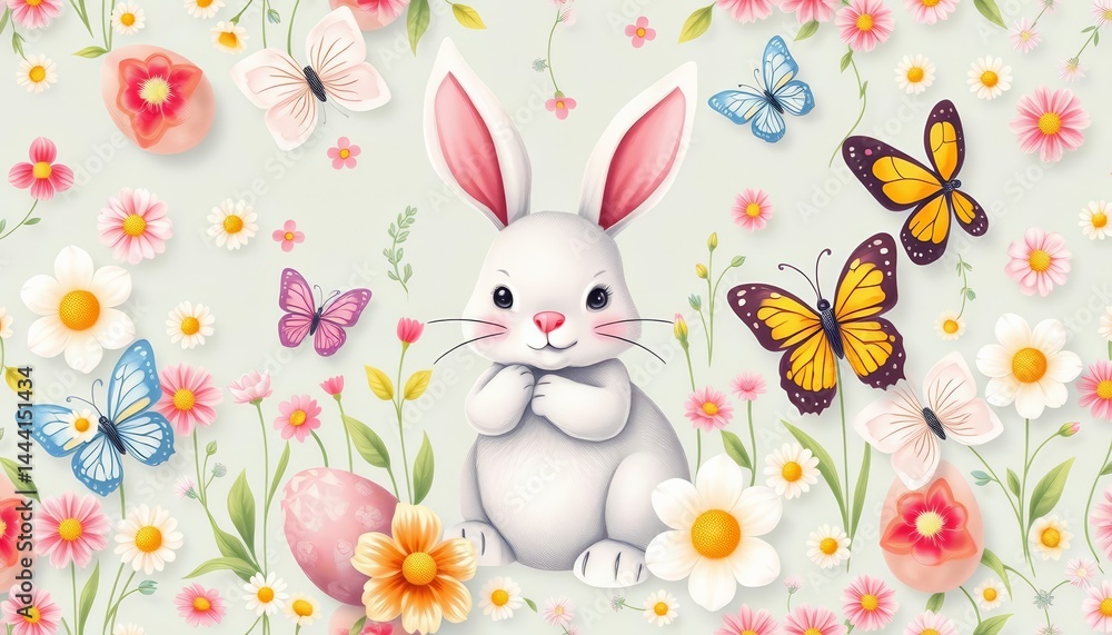 Charming Easter bunny, egg, flower, butterfly seamless pattern Pastel colors, whimsical style, colorful, graphic Charming Easter bunny, egg, flower, butterfly seamless pattern Pastel colors, whimsical style, colorful, graphic