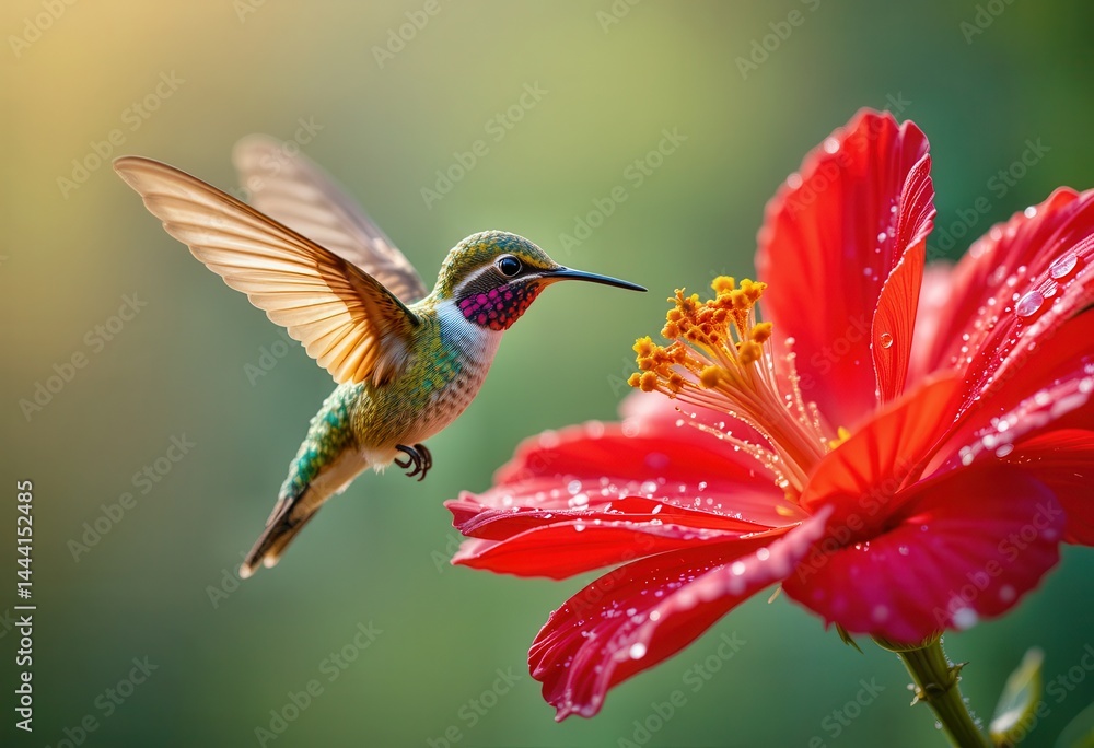 Naklejka premium Colorful hummingbird hovering near vibrant red flower in the garden at sunrise