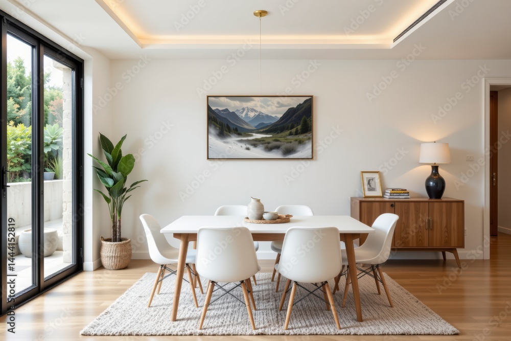 Modern Dining Room with Scenic Painting and Natural Light Modern Dining Room with Scenic Painting and Natural Light