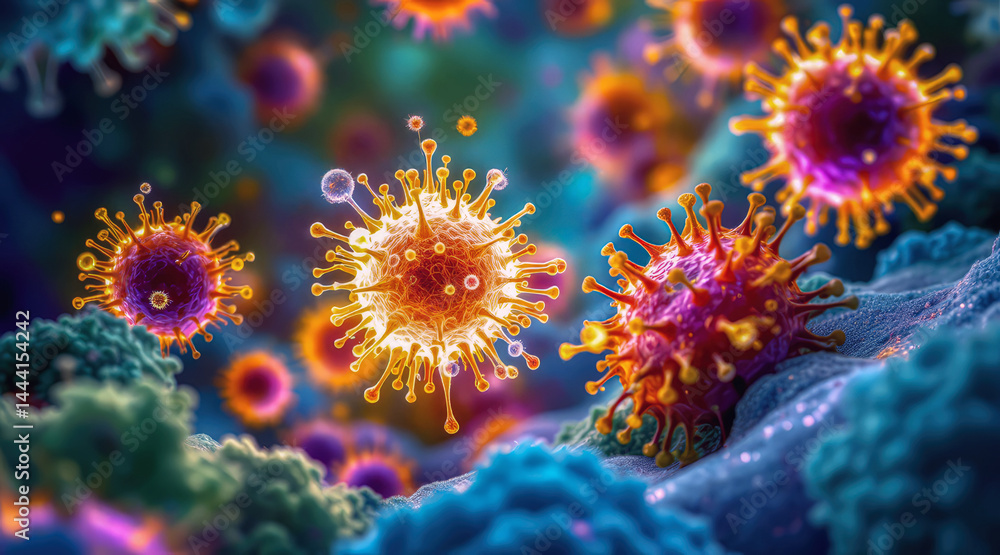 Fototapeta premium Colorful, detailed illustration of viruses or microbes under a microscope in a vibrant, cellular environment.