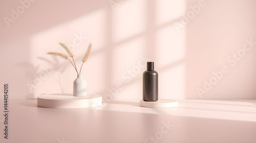 Wallpaper Mural Black shampoo bottle and pampas grass on minimal pink podiums Torontodigital.ca
