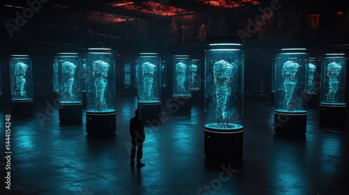 Futuristic Laboratory with Glowing Human Forms in Transparent Tanks