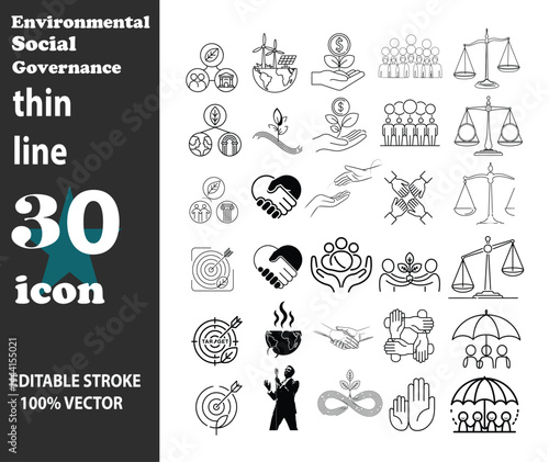 Thin Line Icons of Environmental Social and Governance ESG Concepts with 30 Editable Stroke Vector Design Illustrations