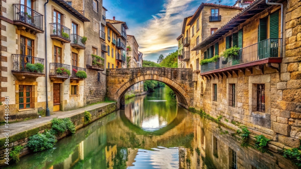 Obraz premium Ancient stone bridge spanning a canal between two old houses in San Sebastian's medieval district