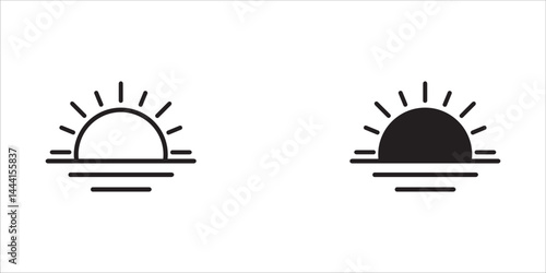 PrintAbstract Sunset  icon set. Half Sun Geometric Lines with Black and White Colors and Style Isolated on White Background. Flat Vector Logo Design Template Element for Nature and Holiday Logos.