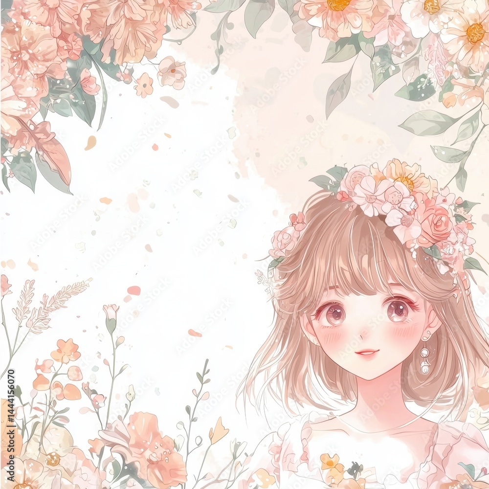 An adorable anime style girl with a floral crown and long wavy hair surrounded by pastel flowers in a delicate watercolor art illustration perfect for greeting cards An adorable anime style girl with a floral crown and long wavy hair surrounded by pastel flowers in a delicate watercolor art illustration perfect for greeting cards