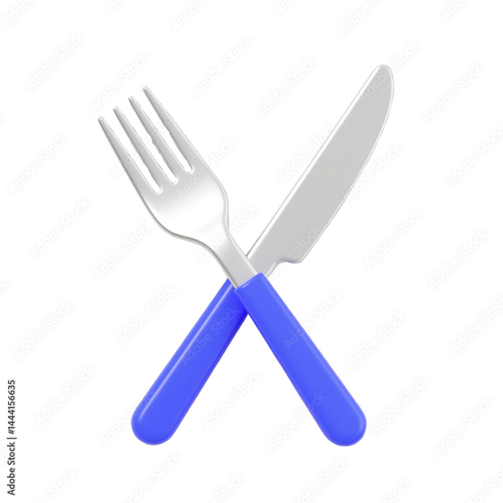 Crossed Fork and Knife with Blue Handles 3D Rendered Cutlery Icon Crossed Fork and Knife with Blue Handles 3D Rendered Cutlery Icon