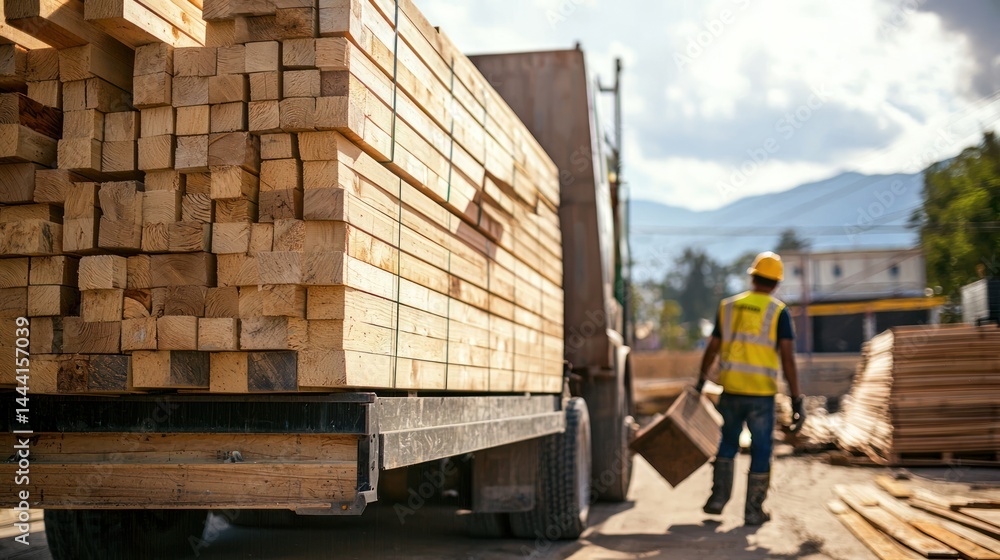 Fototapeta premium Workers unloading a lumber delivery at a building site