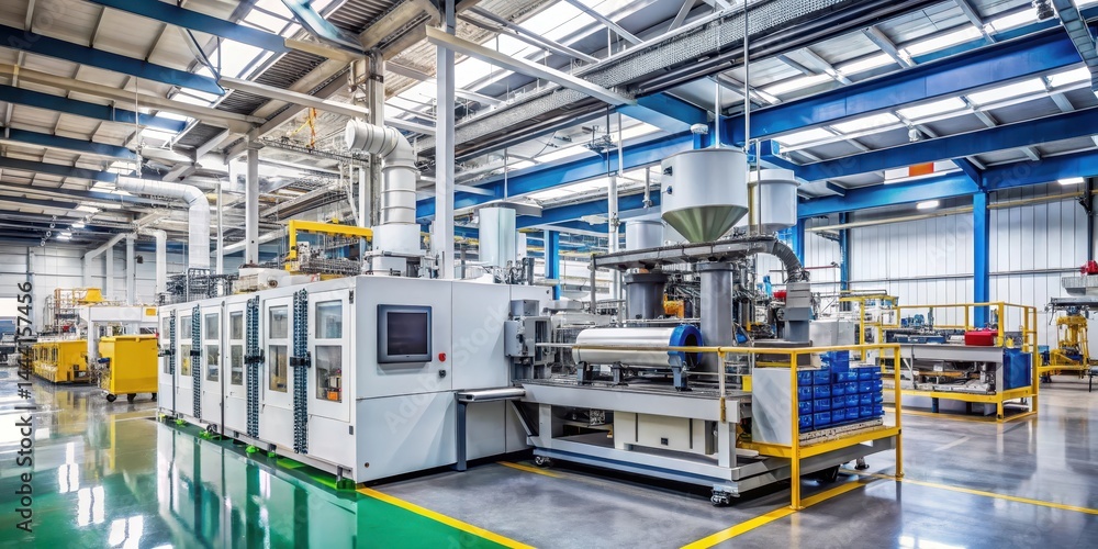 Fototapeta premium Industrial machinery in a factory setting with large extrusion machine producing plastic products, industrial equipment, production facility