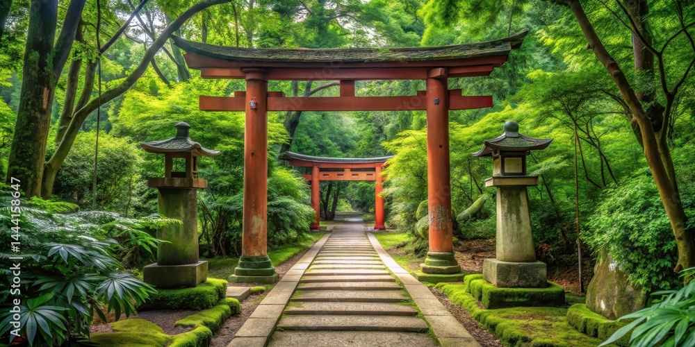 Serene Japanese temple grounds with intricately designed torii gates and overgrown verdant foliage, peaceful scenery, torii gates Serene Japanese temple grounds with intricately designed torii gates and overgrown verdant foliage, peaceful scenery, torii gates