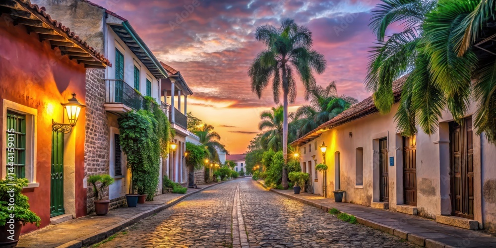 Fototapeta premium Historic cobblestone street lined with colonial-era buildings and lush greenery in a serene setting at dawn, nature, Dominican Republic