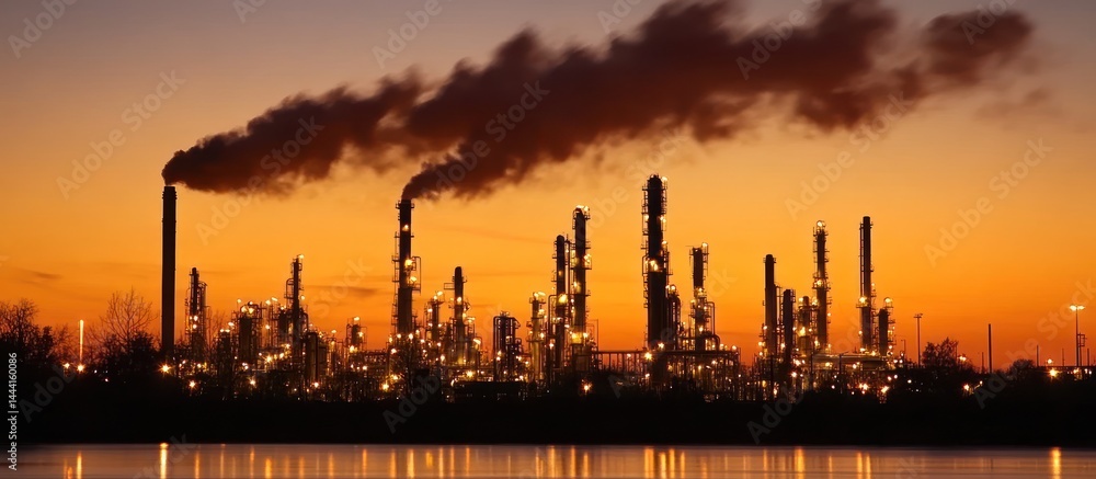 Industrial silhouette with hazy emissions at dusky horizon over serene reflections Industrial silhouette with hazy emissions at dusky horizon over serene reflections