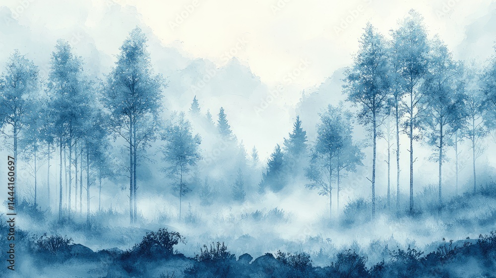 Fototapeta premium Misty Blue Forest Landscape (1)