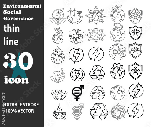 Environmental icons, line drawings, eco-friendly symbols, recycling logos, energy-saving lightbulbs, green leaves, Earth globes, water droplets, lightning bolts, sustainability emblems, thin outlines,