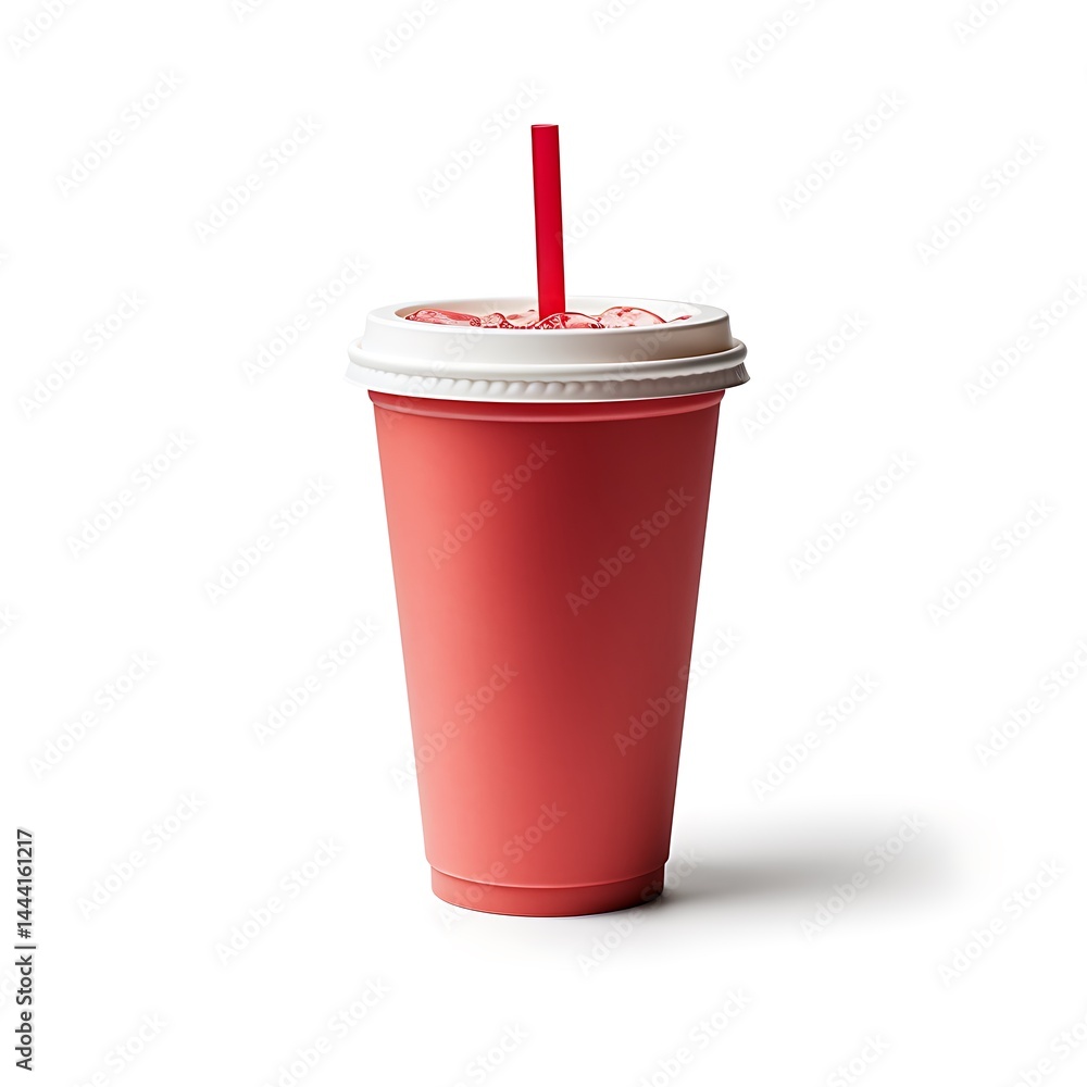 A red paper cup with a white lid and straw, isolated on a white background. A red paper cup with a white lid and straw, isolated on a white background.