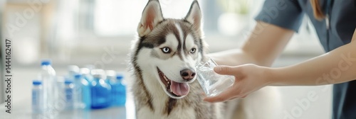 Veterinarian giving water to a Siberian Husky