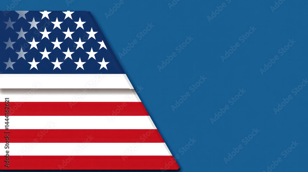 Fototapeta premium A blue background with a red and white American flag. The flag is in the middle of the background and is surrounded by stars