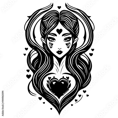 Enigmatic woman visage with heart ornamentation in monochrome vector illustration