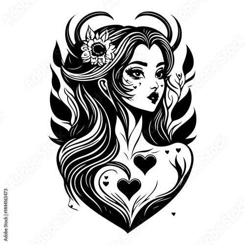 Monochrome ethereal beauty illustration, embodying elegance and mystic charm