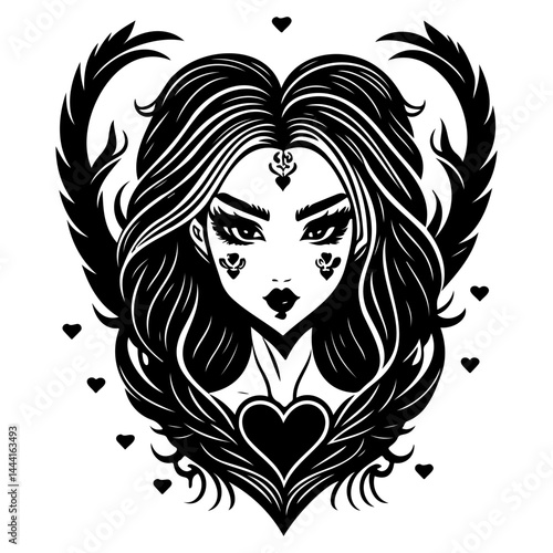 Mystical Enchantress: Black and White Portrait with Heart Accents and Winged Symbolism