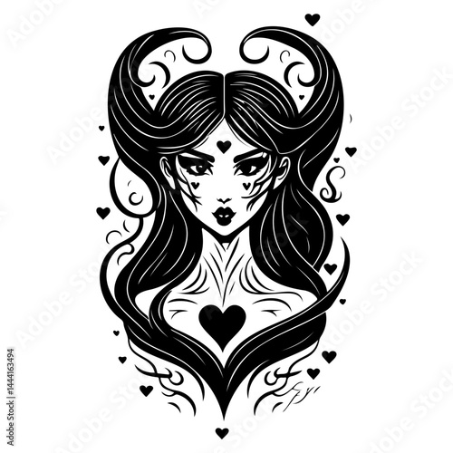 Enigmatic Ink: A Mystical Portrait of a Horned Female Figure with Intricate Designs