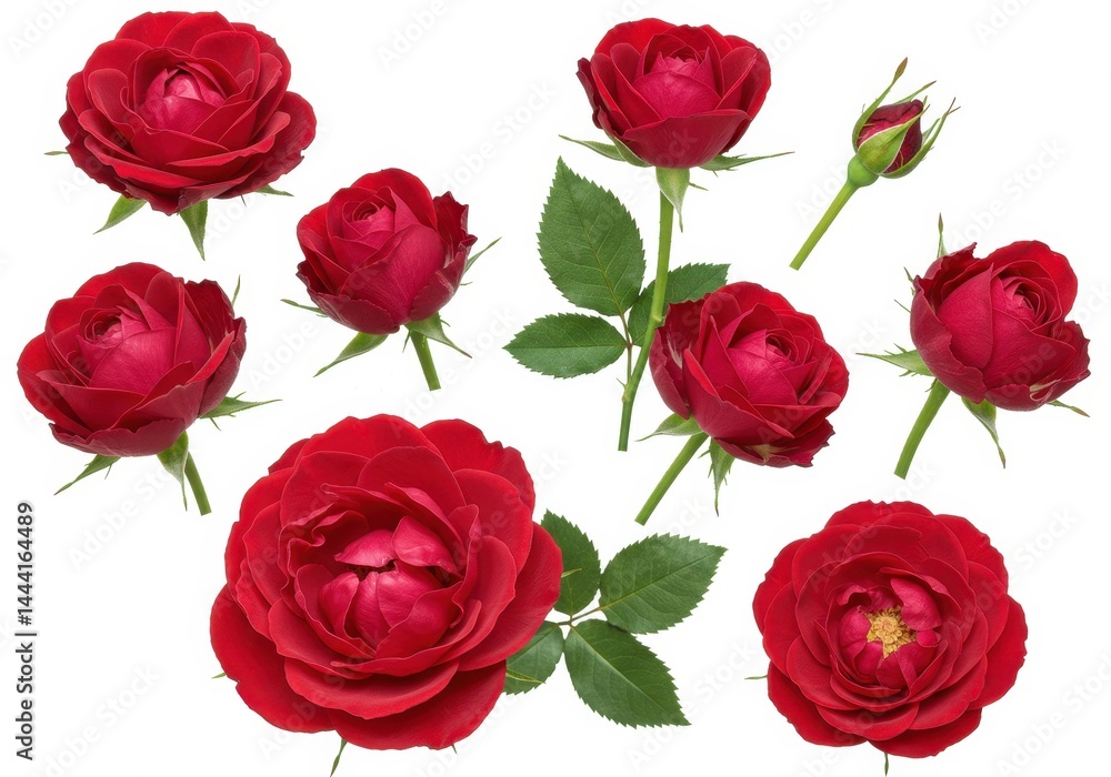 A collection of vibrant red roses in various stages of bloom isolated on a white background studio shot A collection of vibrant red roses in various stages of bloom isolated on a white background studio shot